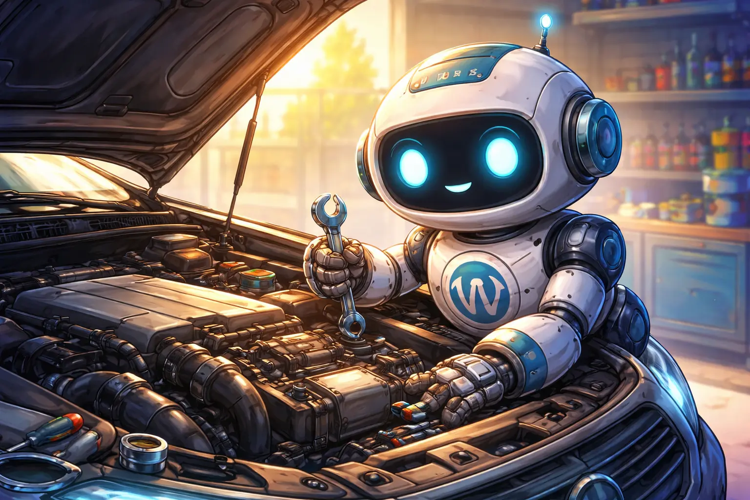 Robot Wordpress qui répare un moteur